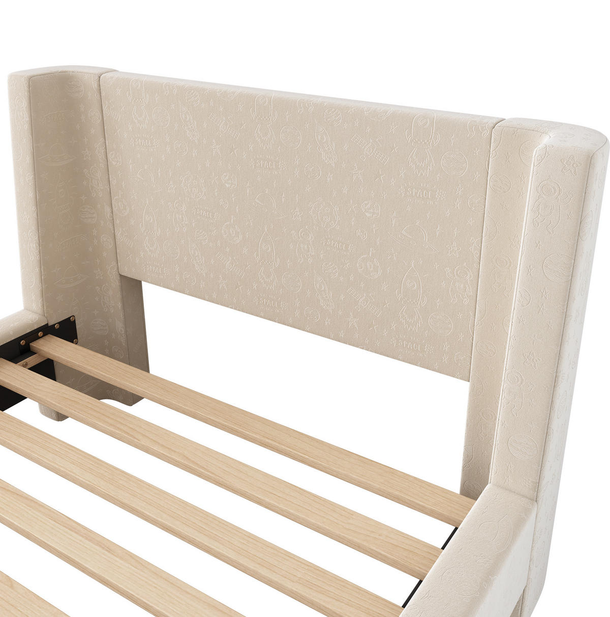 KINDERBETT aus Samt 90x200 cm Beige mit Weltraummuster und Lattenrost - Beige, Textil (90/200cm) - IVMEU