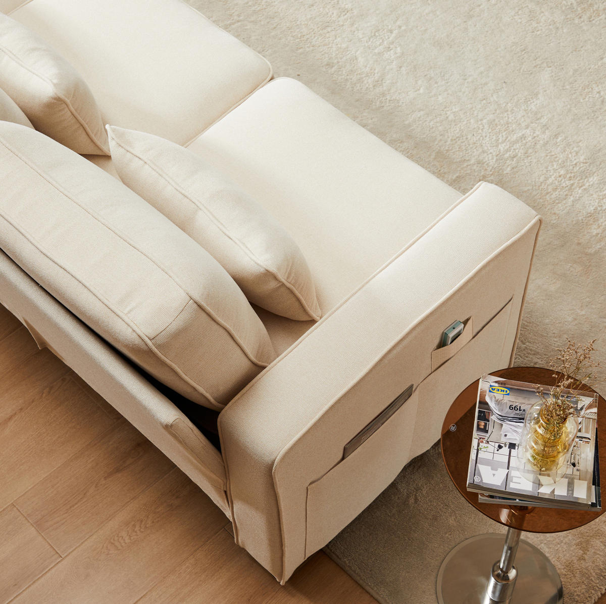 SOFA z ľanovej látky 264x83x87 cm béžová s opierkovými vreckami a 4 vankúšmi - béžová, textil (264/87/83cm) - Modfu