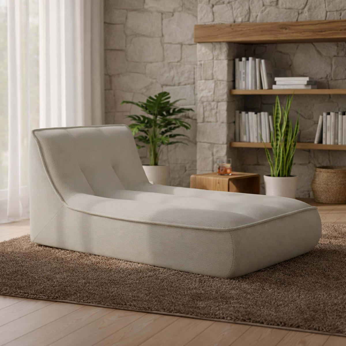 CHAISELONGUE, Ekru - Weiß, Textil (165/70/80cm) - Oviala