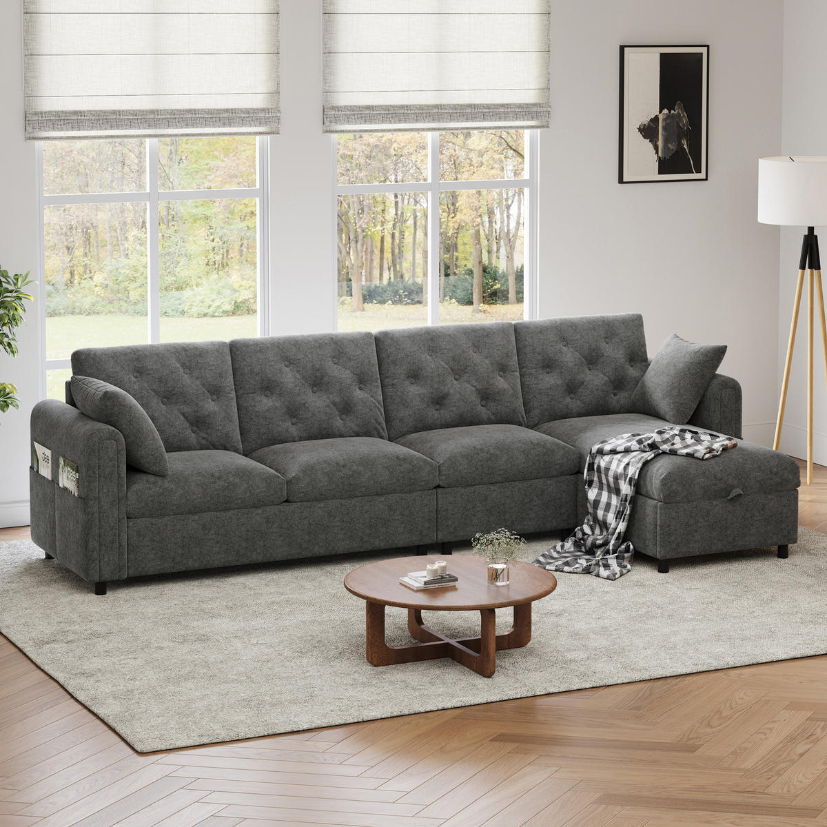 ECKSOFA 281/132/86 cm aus Samt mit Schlaffunktion und Stauraum Grau - Grau, Textil (132/281cm) - Modenvie
