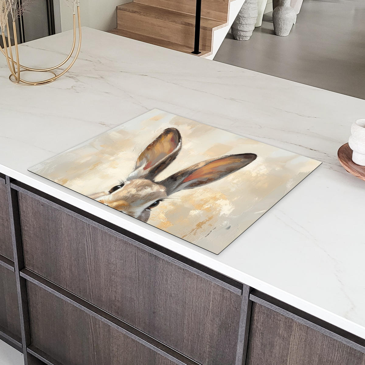 HERDABDECKPLATTE Hase - Ohren - Braun Induktionsmatte 77x59 cm - Beige, Kunststoff (77/59/0.2cm) - MuchoWow