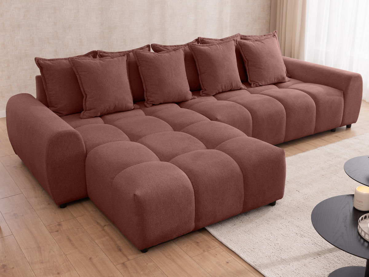 ECKSOFA Bubble mit losen Rückenkissen und Sitzfläche in Bubble-Optik aus weichem Terrakotta Strukturstoff mit schöner Sitzkomfort - Ottomane links - Terracotta/Schwarz, Holz/Kunststoff (180/306cm) - S-Style Möbel
