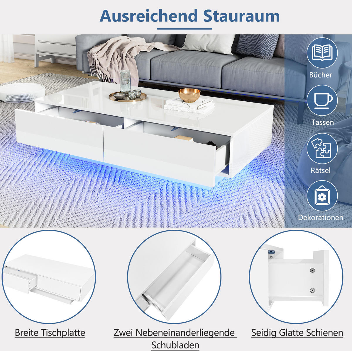 KLUBSKA miza 115/55/34 cm z 2 predaloma in LED osvetlitvijo, visoki sijaj, Bela - bela, leseni material (115/55/34cm) - Redom