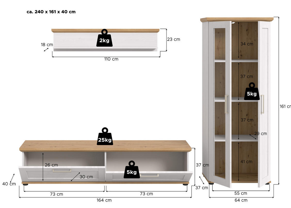 WOHNWAND 3-teilig weiß Lärche, Eiche Artisan 240 cm Landhaus, Schrankwand mit viel Stauraum - Silberfarben/Schwarz, Holzwerkstoff/Kunststoff (240/161/40cm) - Inn.Furn