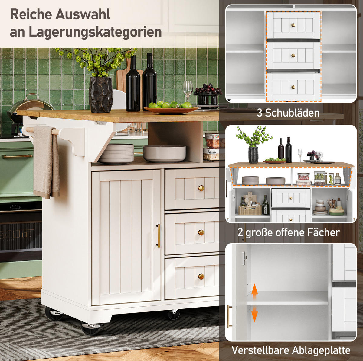 KÜCHENINSEL mit Klapptisch 120 x 40/80 x 95 cm Weiß - Weiß, Metall (40/95/120cm) - Beauniv