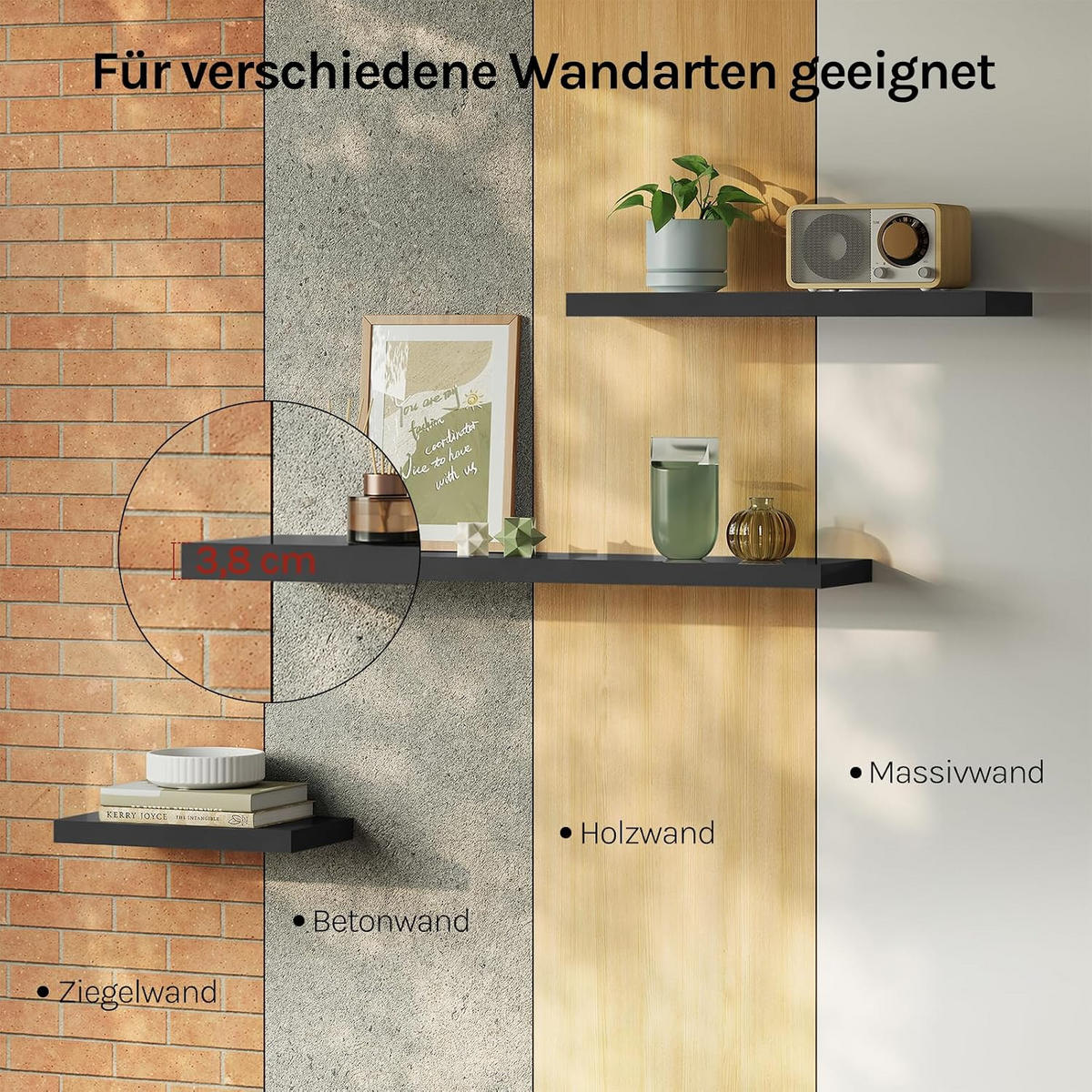 WANDREGAL Freischwebend Schwarz 100B x 22,9L x 3,8H - Schwarz Hochglanz, Holz (100/3.8/22.9cm) - Woltu
