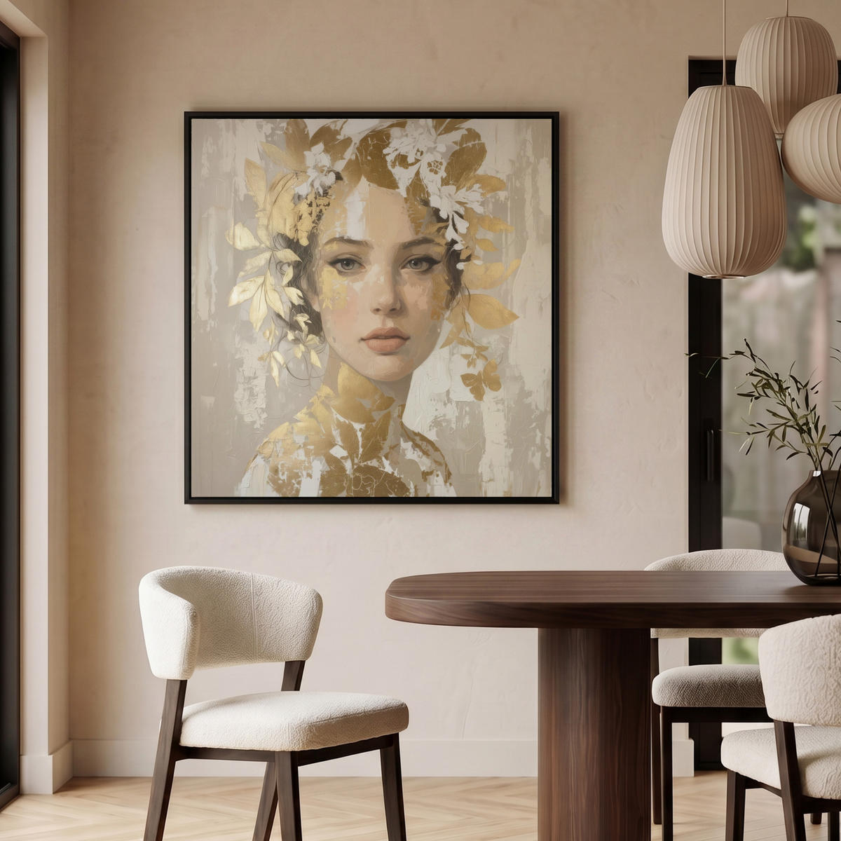 LEINWAND Bilder mit Rahmen - Gesicht - Frau - Blätter - Gold - 90x90 - Beige, Textil (90/90cm) - MuchoWow