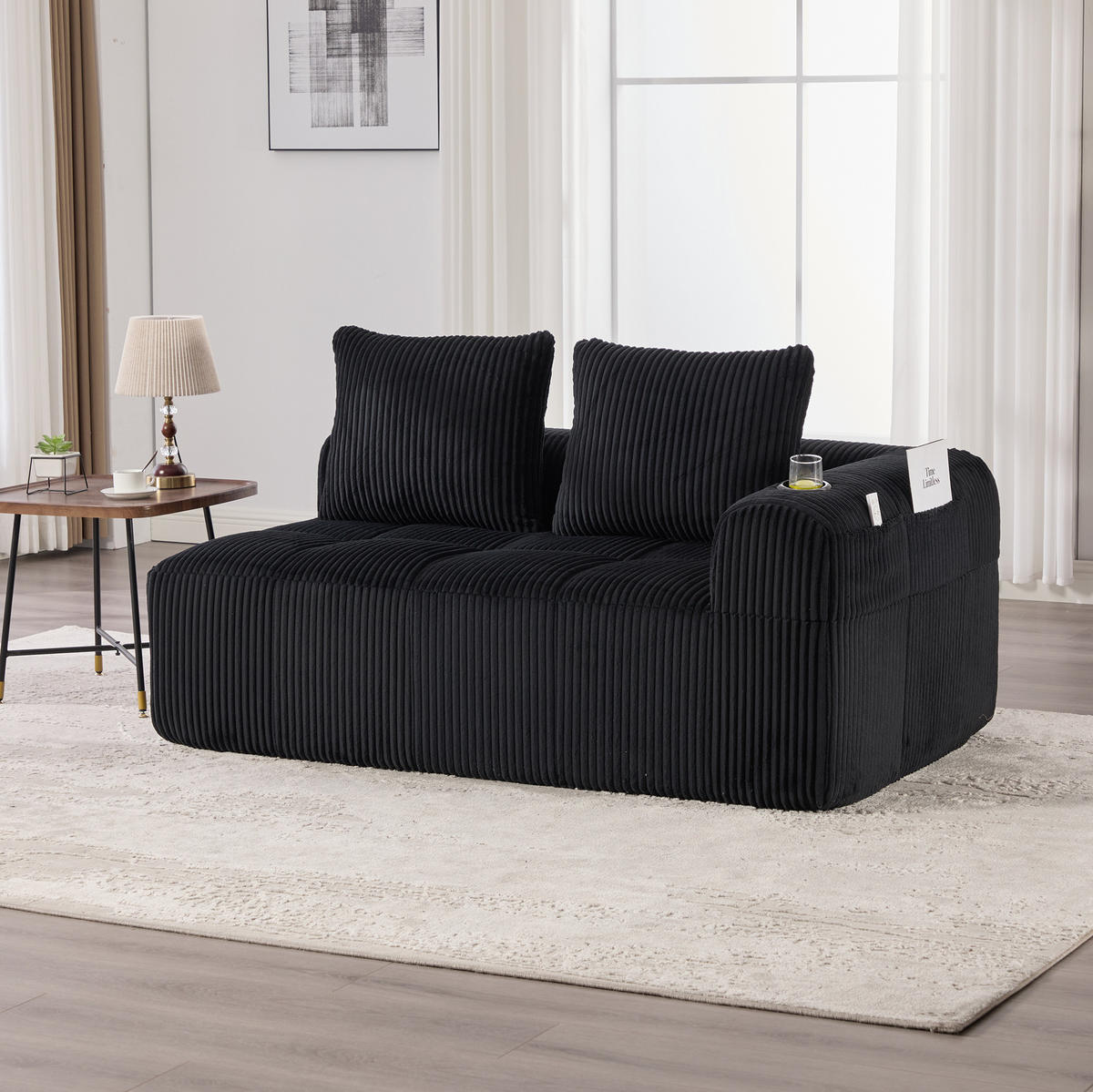 2-SITZER-SOFA 158/93/61 cm schwarz aus Cord mit Seitenfächern und Becherhaltern - Schwarz, Textil (93/61/158cm) - Modenvie
