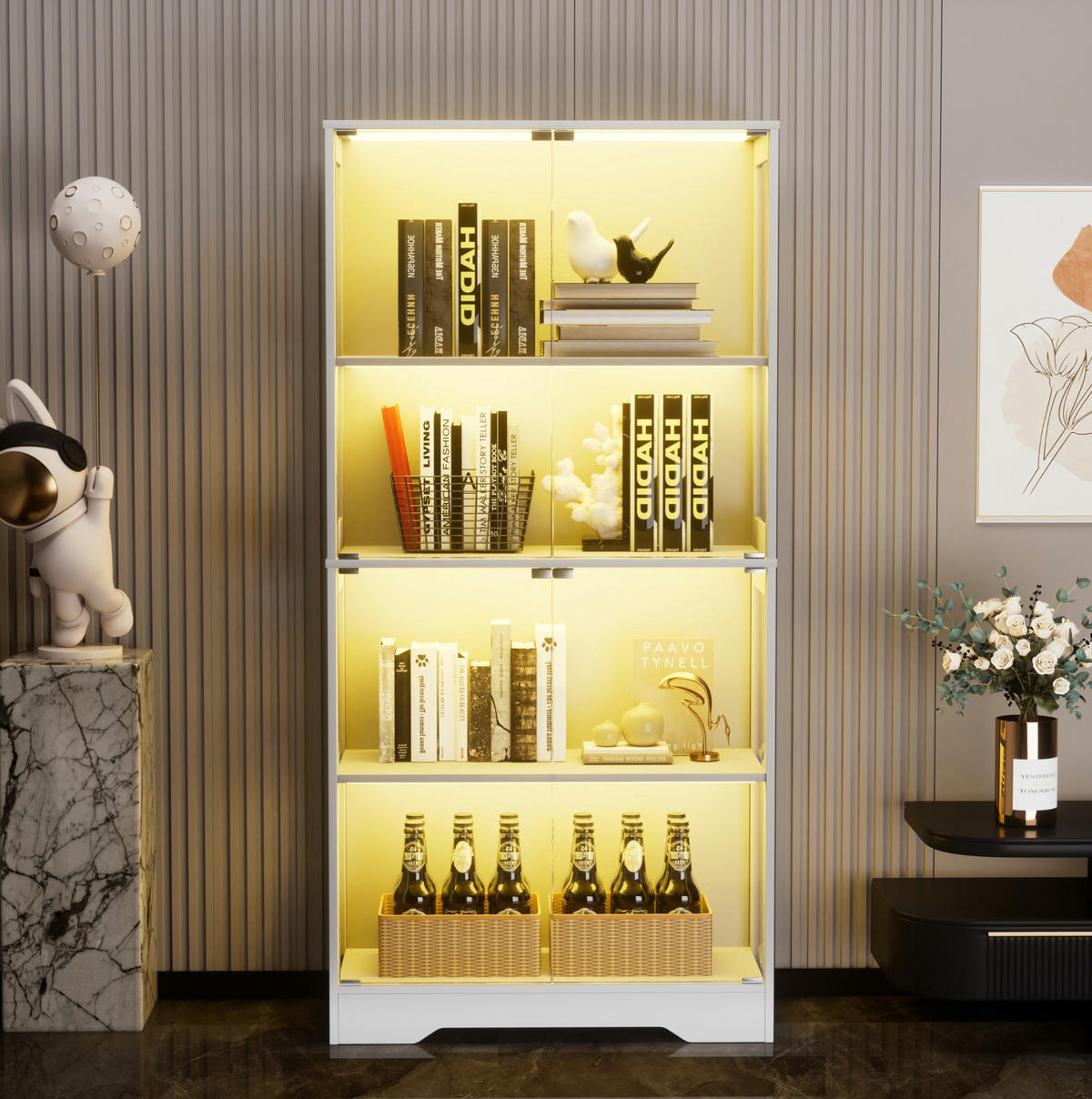 STAKLENA vitrina 80/35/165 cm bijela od MDF-a i stakla s LED rasvjetom i senzorom pokreta - bijela, drvni materijal (80/165/35cm) - OKWISH