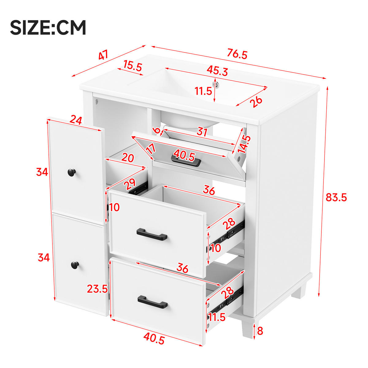 WASCHTISCH 76,5cm Keramikbecken 5 Schubladen Weiß lackiert - Weiß, Holzwerkstoff (76.5/83.5/47cm) - Urban Meuble