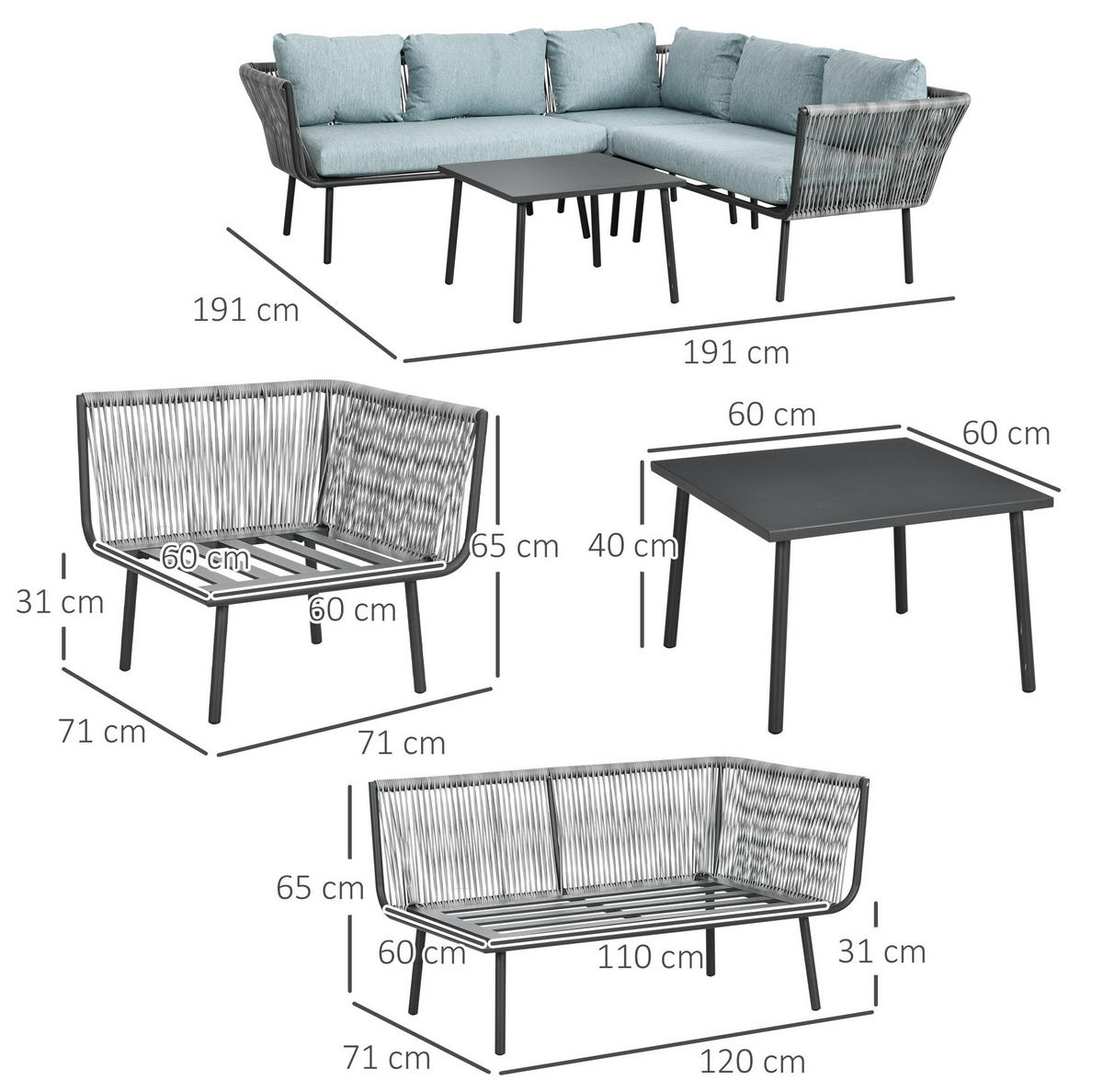 LOUNGE-SET 120/71/65 cm grau aus Aluminium mit Kissen und Tisch - Grau, Metall - OKWISH