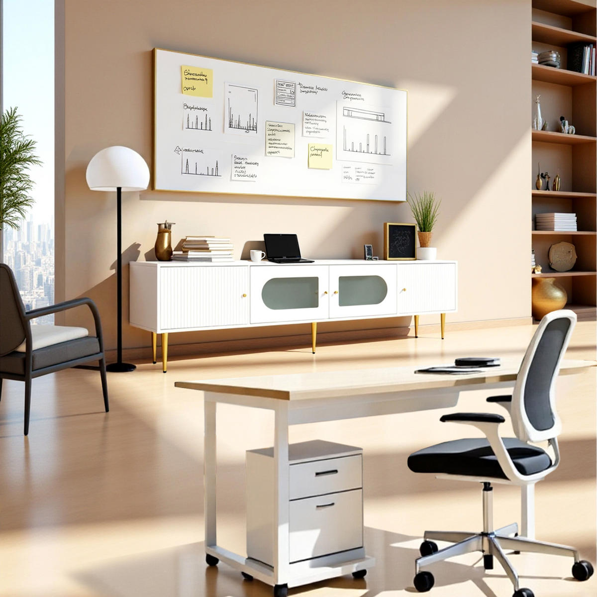 LOWBOARD mit Glasfüßen, Glasregalen und frosted Glastüren - Weiß, Glas/Holzwerkstoff (170/50/35cm) - Urban Meuble