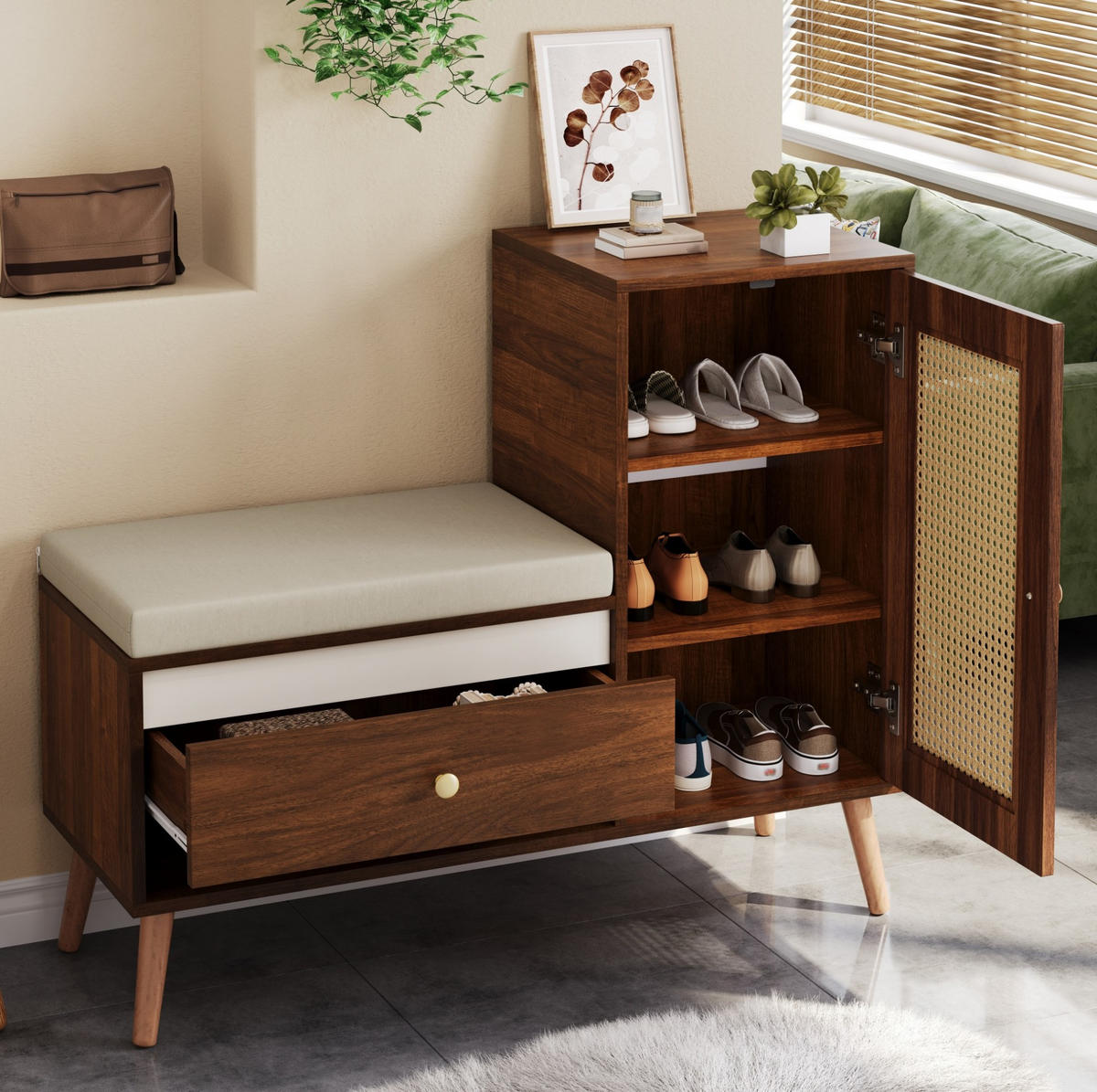 SCHUHSCHRANK aus MDF & Spanplatte 95,5x35x80,5cm in Nussbaum mit Sitzkissen - Nussbaumfarben, Holzwerkstoff (95.5/80.5/35cm) - Modfu