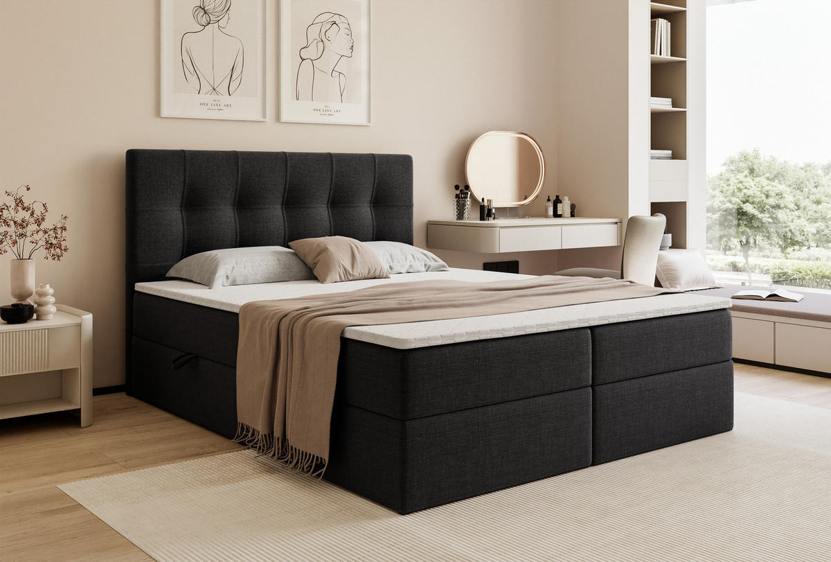 BOXBETT VENUS 200/200 cm, mit Matratze und Topper, Anthrazit - Schwarz, Holzwerkstoff/Textil (200/200cm) - Idohome