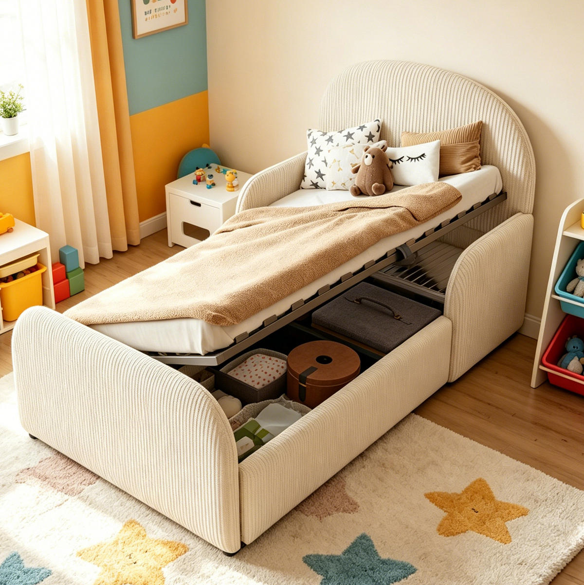KINDER-POLSTERBETT 90/200 cm aus Samt mit hydraulischem Stauraum und Seitengittern Beige - Beige, Textil (90/200cm) - Modenvie