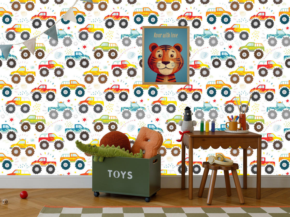 VLIESTAPETE Monstertrucks – Bunt, Weiß – 50x1000 cm - Multicolor/Weiß, Papier (50/1000cm) - Muralo