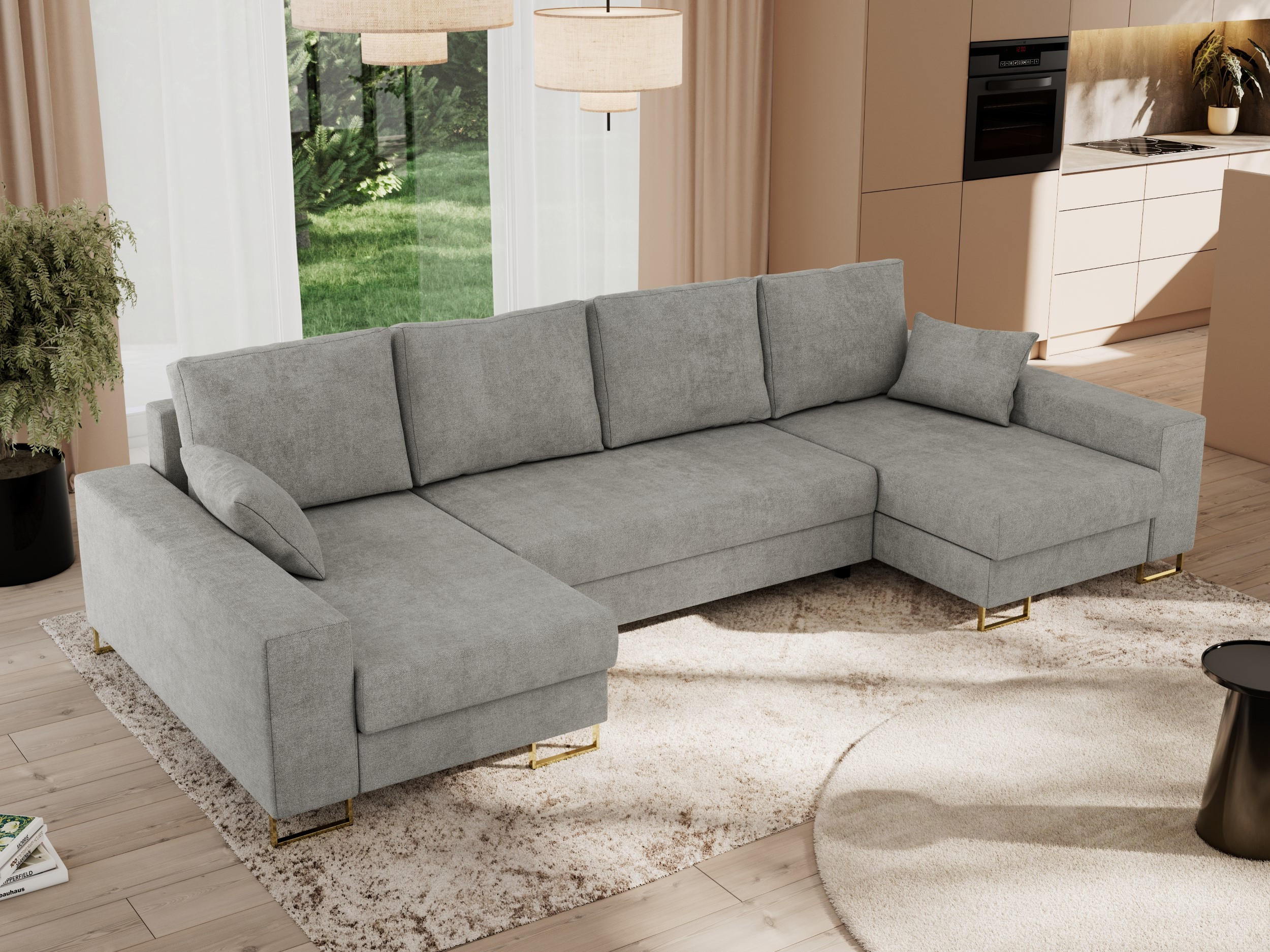 WOHNLANDSCHAFT DORIAN U Struktur Hellgrau - Goldfarben/Hellgrau, Textil/Metall (312/95/138cm) - MKS