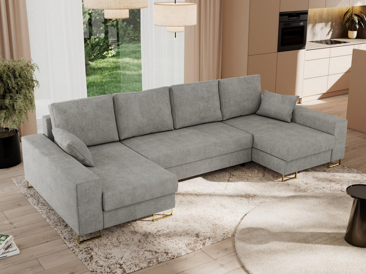 WOHNLANDSCHAFT DORIAN U Struktur Hellgrau - Goldfarben/Hellgrau, Textil/Metall (312/95/138cm) - MKS