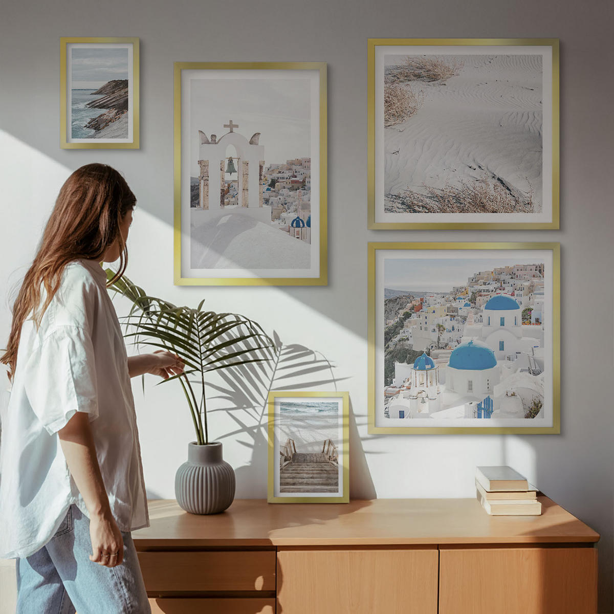 BILDER SET 5er Set - 50x50 cm & 20x30 cm & 40x60 cm Goldrahmen - Meeresarchitektur Santorin - Goldfarben, Kunststoff (40/60cm) - TULUP