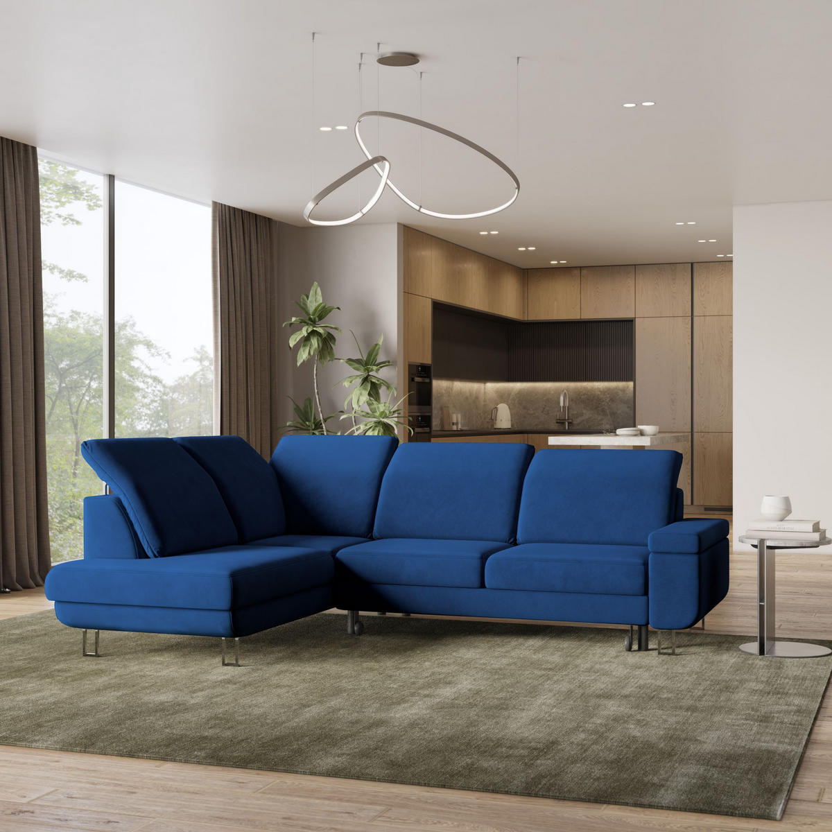 ECKSOFA LERMA L-S Blau Velours-Stoff mit Schlaffunktion - Blau, Holz (253/190cm) - MASSENO