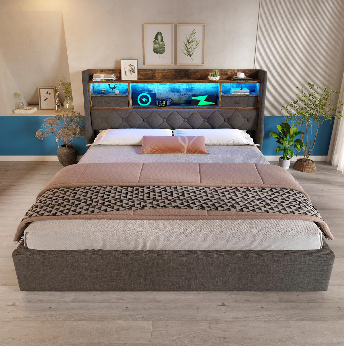 ČALOUNĚNÁ postel 140/190 cm s LED, USB, Type-C a hydraulickým úložným prostorem, šedé lněné provedení - šedá, textil (140/190cm) - Redom