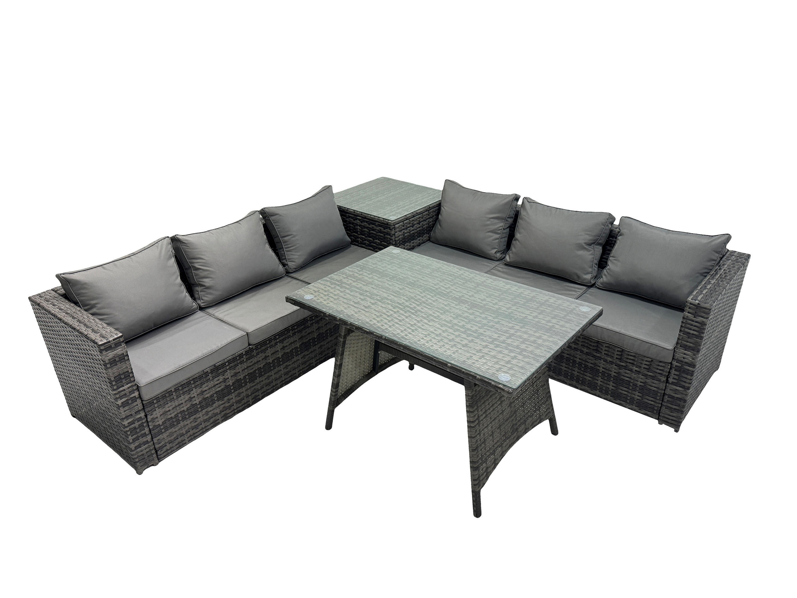 LOUNGESOFA SET mit Esstisch Polyrattan 6-Sitzer - Dunkelgrau/Grau, Glas/Kunststoff - Fimous