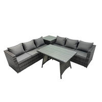 LOUNGESOFA SET mit Esstisch Polyrattan 6-Sitzer - Dunkelgrau/Grau, Glas/Kunststoff - Fimous