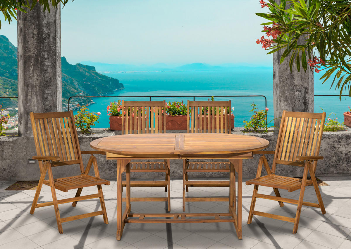 SITZGRUPPE Akana mit 4 klappbaren Stühlen und 1 ausziehbaren Tisch - 150/200x100 cm - Akazienholz geölt - Naturfarben, Holz - TPFGarden
