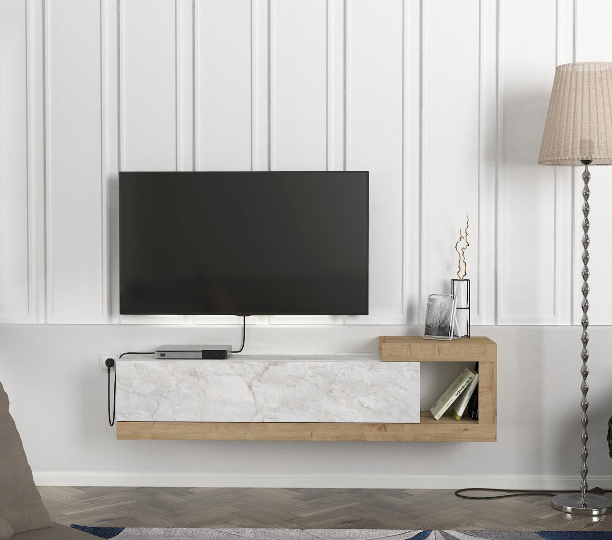 MOEBEL17 TV Lowboard 150 cm – Modernes Lowboard TV Schrank – TV Board Wohnzimmer – Fernsehtisch – TV Möbel Sideboard Modern – Modell Bliss - Weiß/Braun, Holzwerkstoff (150/37/30cm) - moebel17