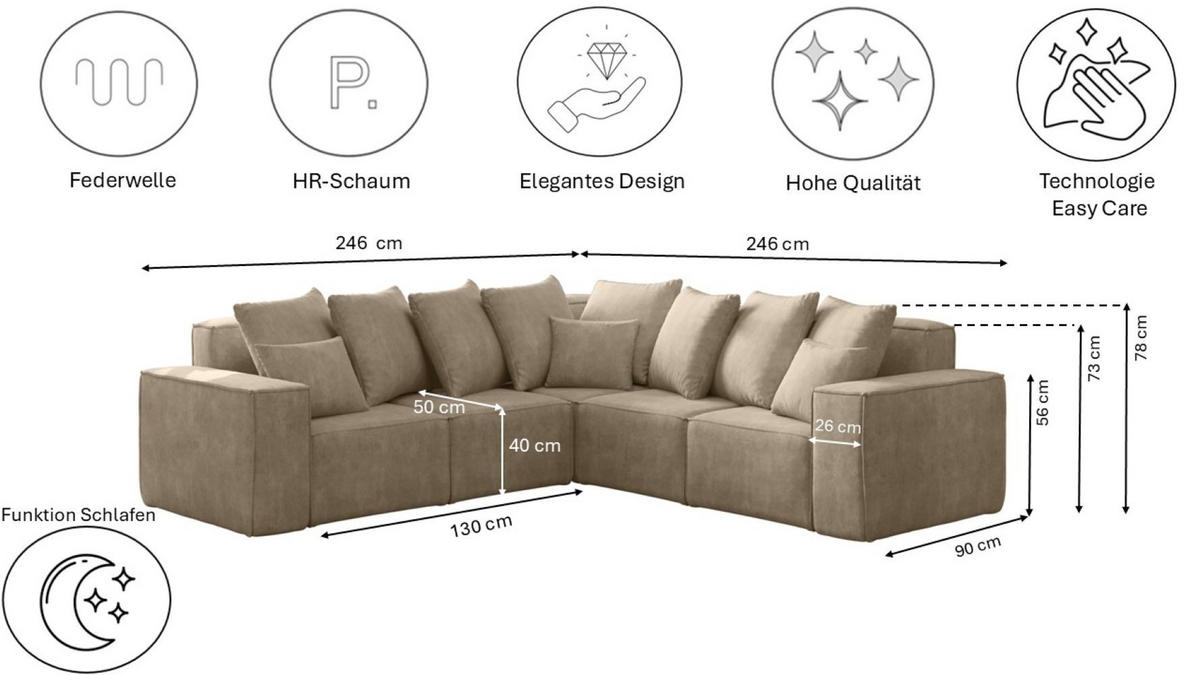 ECKSOFA Corner Ella Stoff Noel Velours Hellbeige - Ecru, Holz/Textil (246/246cm) - Kaiser Möbel