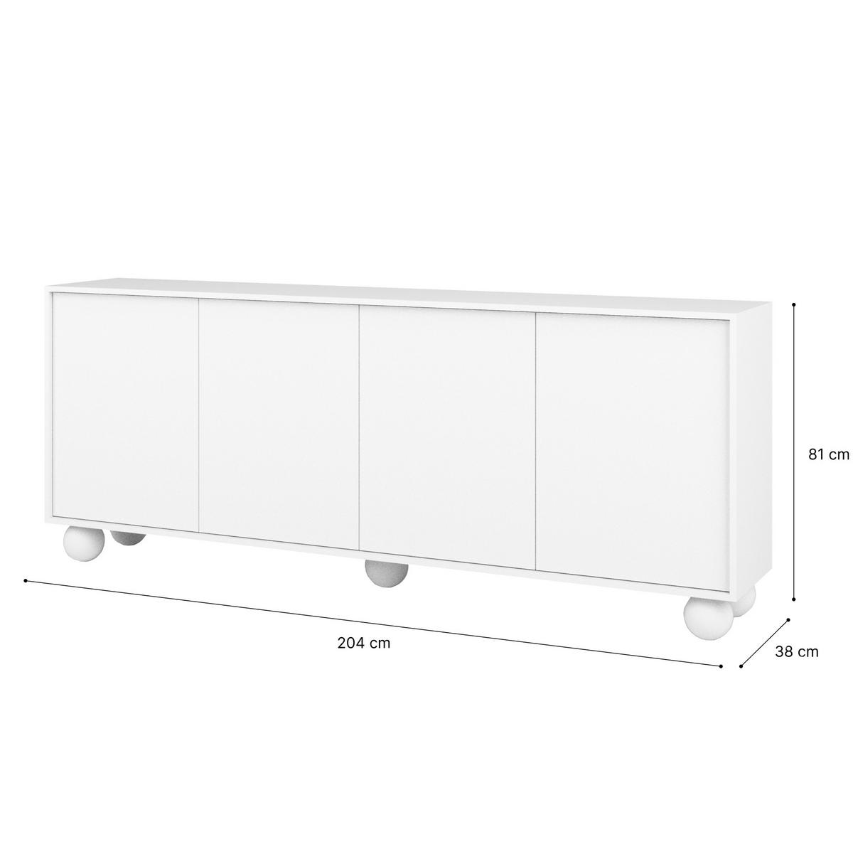 KOMODA Adel se 4 dvířky a kulatými nožkami, 204 cm, bezúchytková, bílá - bílá, kompozitní dřevo (204/81/38cm) - Beautysofa