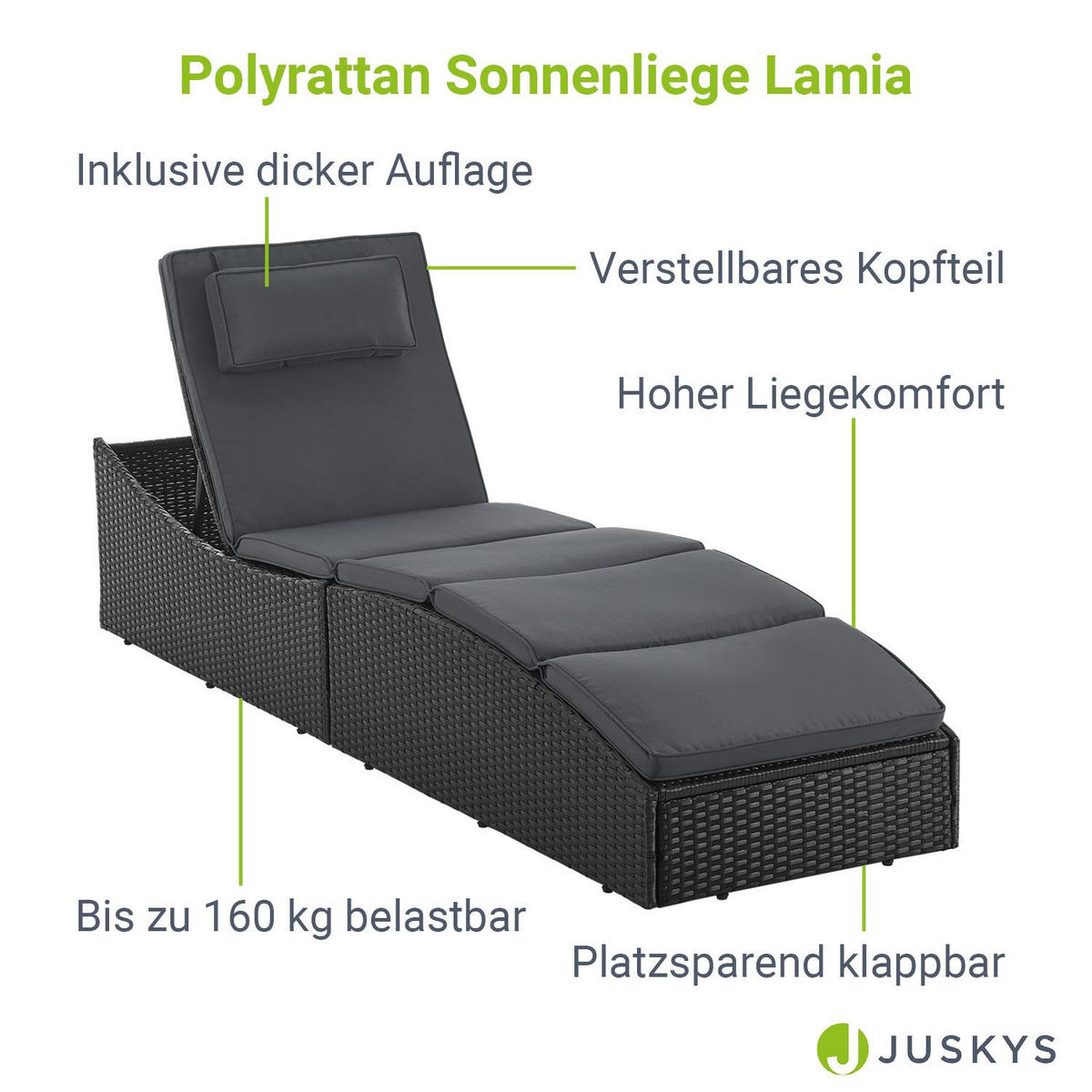 SONNENLIEGE Lamia schwarz faltbar - Schwarz, Kunststoff (60/40/200cm) - Juskys