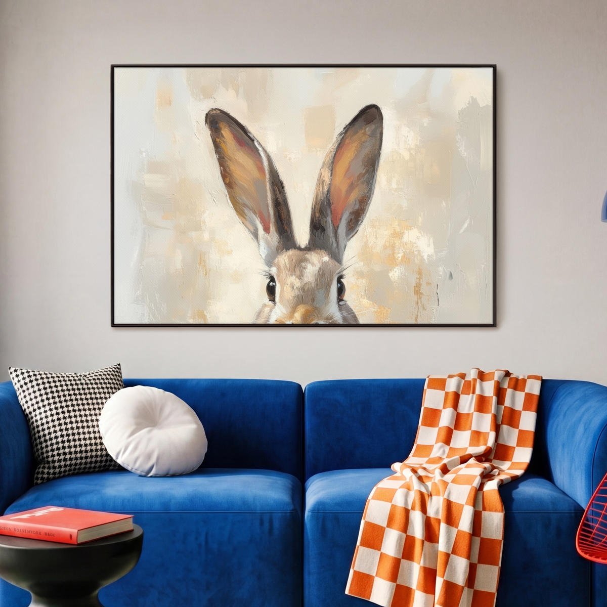 LEINWAND Bilder mit Rahmen - Hase - Ohren - Braun - 90x60 - Beige, Textil (90/60cm) - MuchoWow