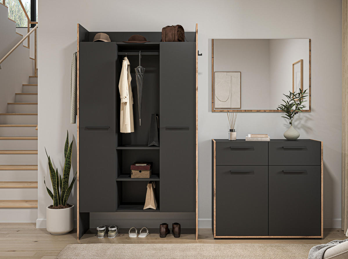 SCHUHSCHRANK grau, Nox Eiche 95 cm, Kommode mit 2 Schubkästen mit Vollauszug - Eichefarben/Schwarz, Holzwerkstoff/Kunststoff (95/86/37cm) - Inn.Furn