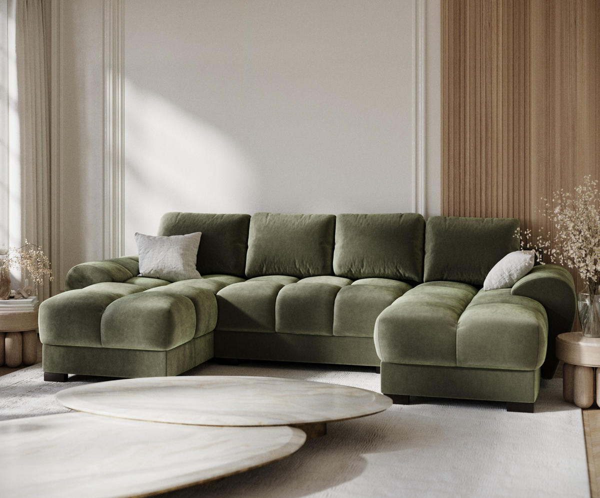 WOHNLANDSCHAFT Peebles Olivenfarbe Samtstoff - Schwarz/Olivgrün, Holz/Holzwerkstoff (330/90/175cm) - Maison de Reve