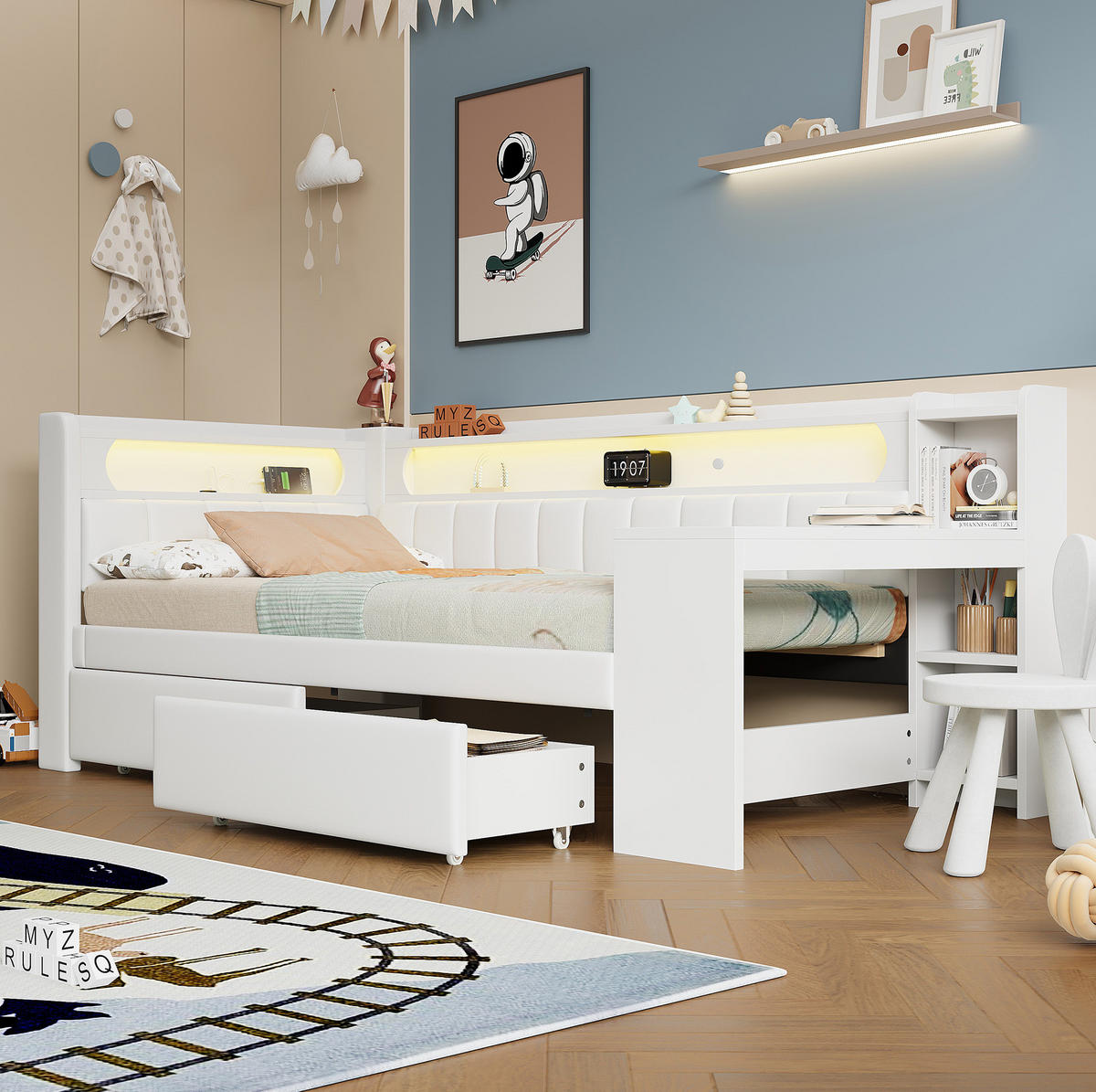 POLSTERBETT aus MDF, Sperrholz und Leinen 90x200 cm Weiß mit LED, USB, Schreibtisch und 2 Schubladen - Weiß, Holzwerkstoff (90/200cm) - Modfu