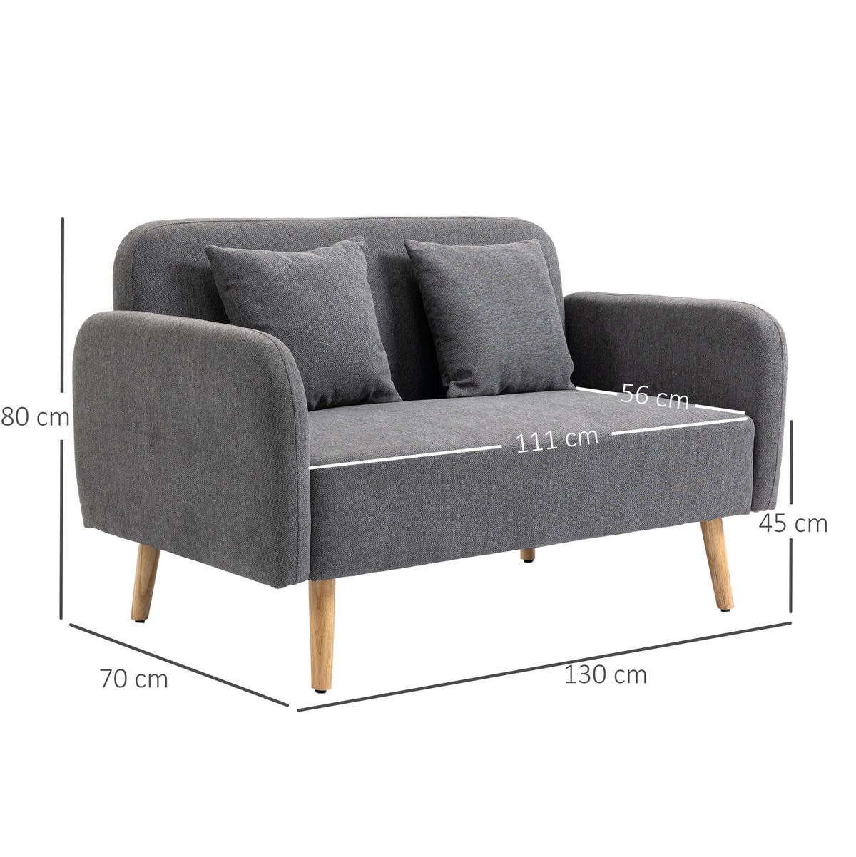 SOFA 2-Sitzer mit 2 Kissen 130 cm Grau - Grau, Holzwerkstoff (130/80/70cm) - Meubliv