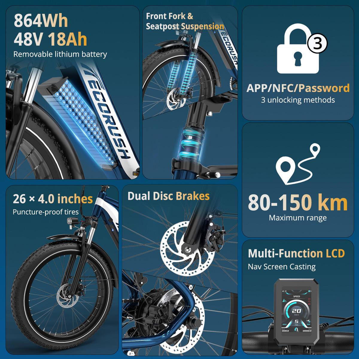 E-BIKE R1 48V-20Ah-Akku mit App 150 km Maximalreichweite - Blau, Metall (87cm) - ECORUSH