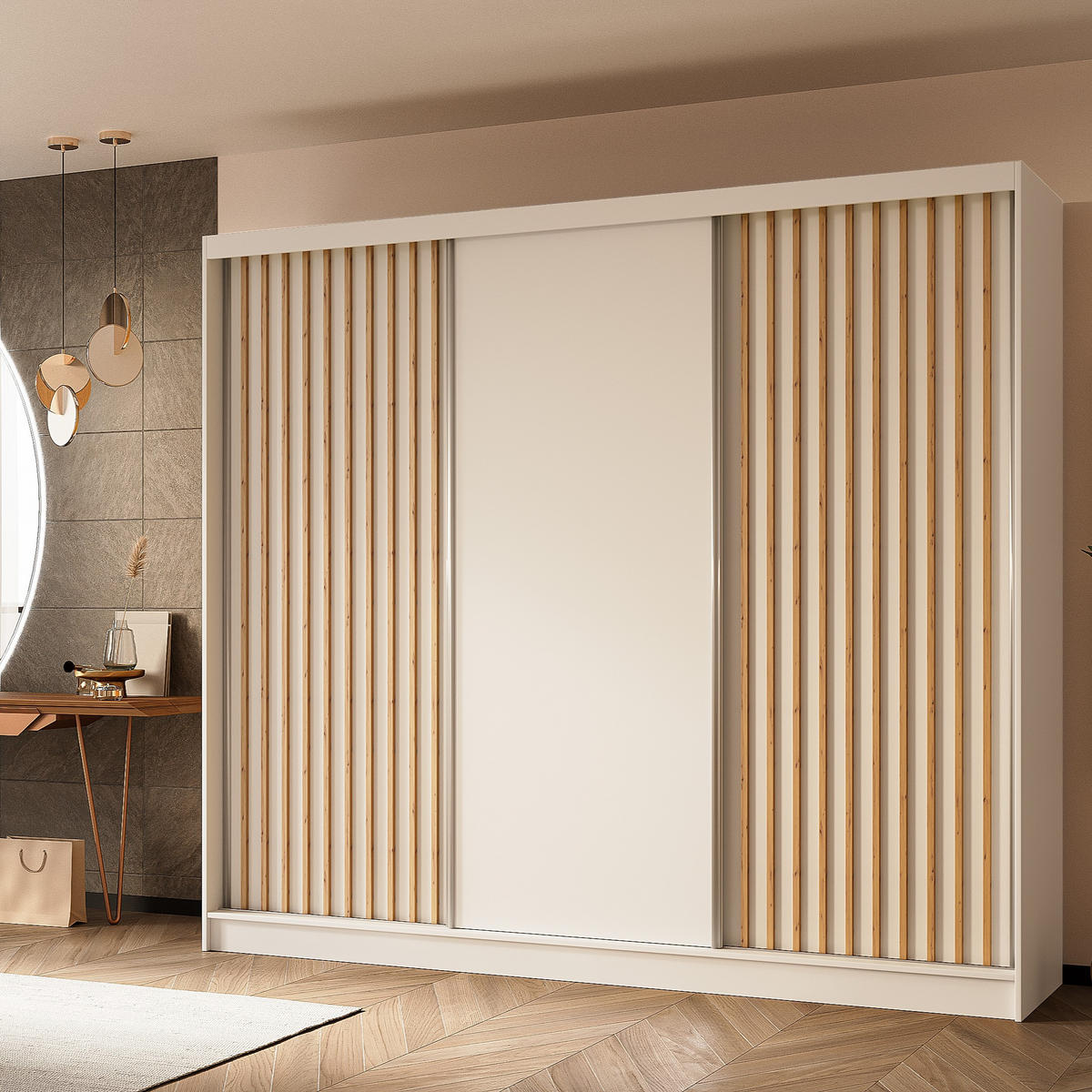 SCHWEBETÜRENSCHRANK LAMELLO 240/216/61 cm 3-türig Weiß - Weiß, Holzwerkstoff (240/216/61cm) - MASSENO