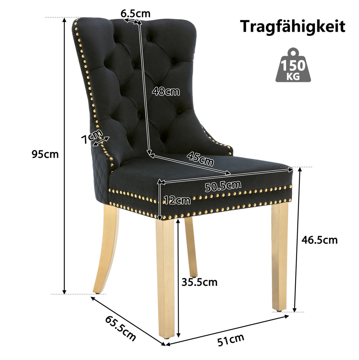 ESSZIMMERSTUHL mit Zugring ca. 50,5 x 45 x 95 cm Samt Schwarz - Schwarz, Metall (45/95/50.6cm) - Meubliv