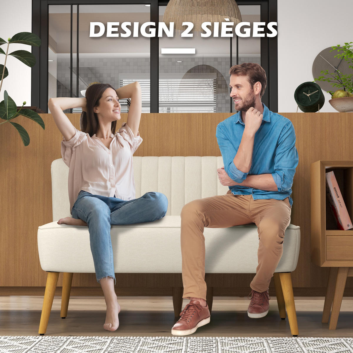 SOFA, 2-Sitzer, Leinenoptik, gepolstert, Gummibaumholzbeine, cremefarben, 117x56,5x77cm - Multicolor, Holzwerkstoff (117/77/56.5cm) - FORIOUS