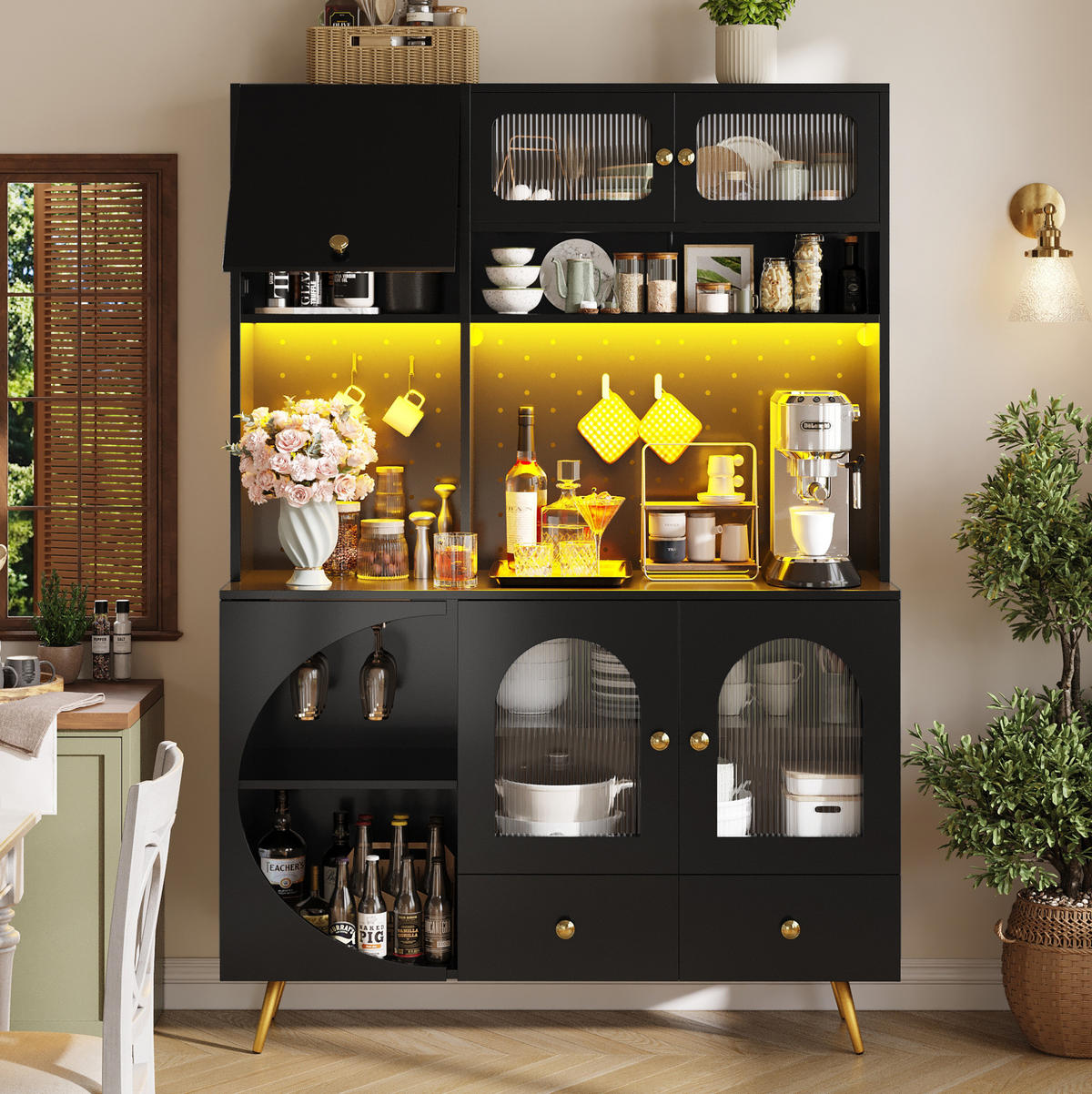 HOCHSCHRANK mit LED und Steckdosen 120 x 40 x 176 cm MDF Glas Schwarz - Schwarz, Glas (40/176/120cm) - Meubliv