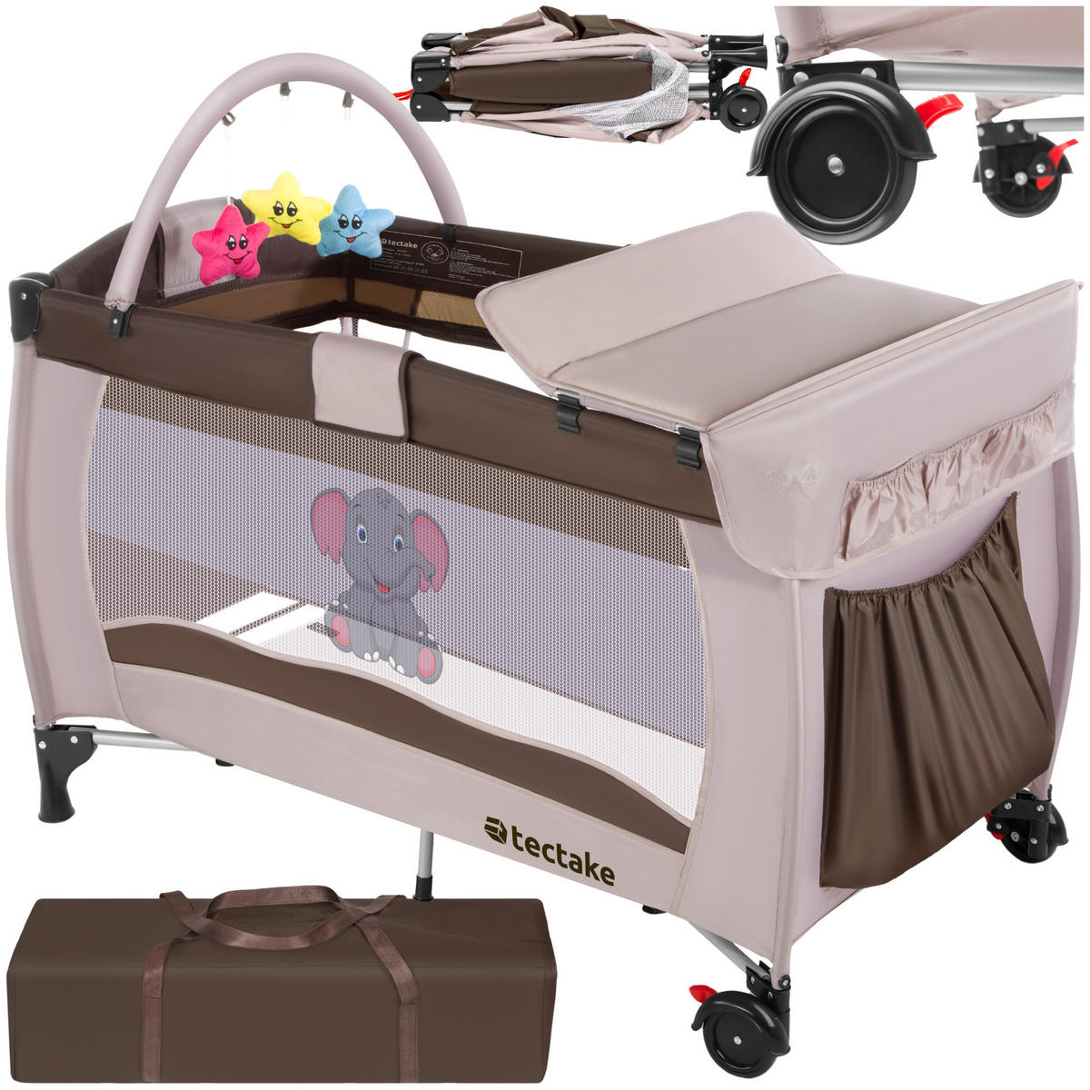 KINDER REISEBETT Elefant,inklusive Tragetasche, 132 x 75 x 104 cm,braun - Braun, Kunststoff (75/104/132cm) - tectake