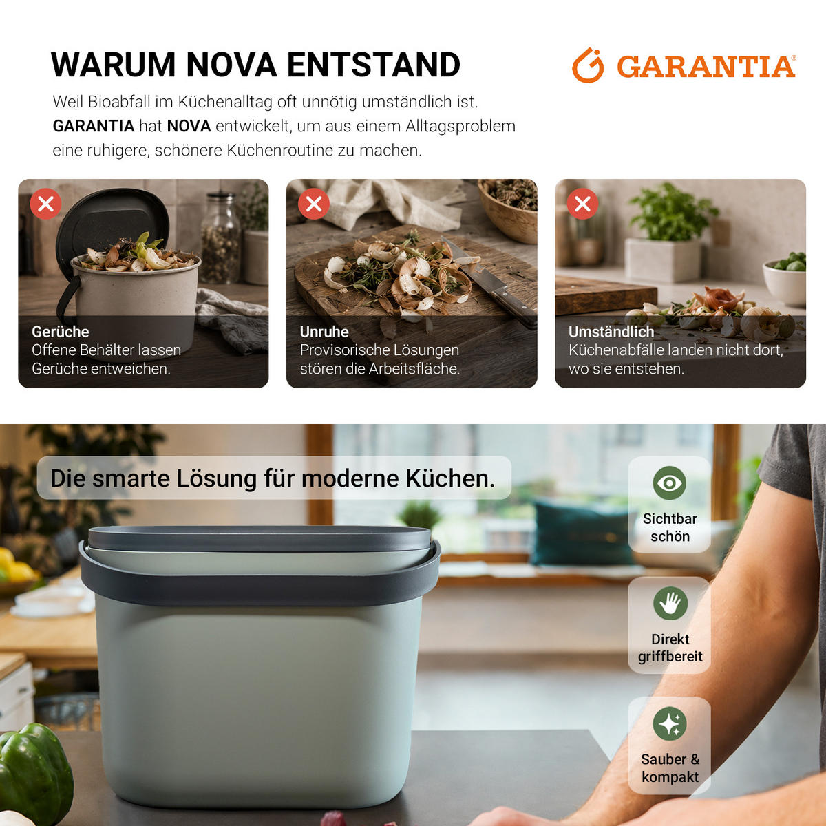 BIOMÜLLEIMER 8 L, agave / graphite grey - Salbeigrün/Grau, Kunststoff (16/25/31cm) - GARANTIA