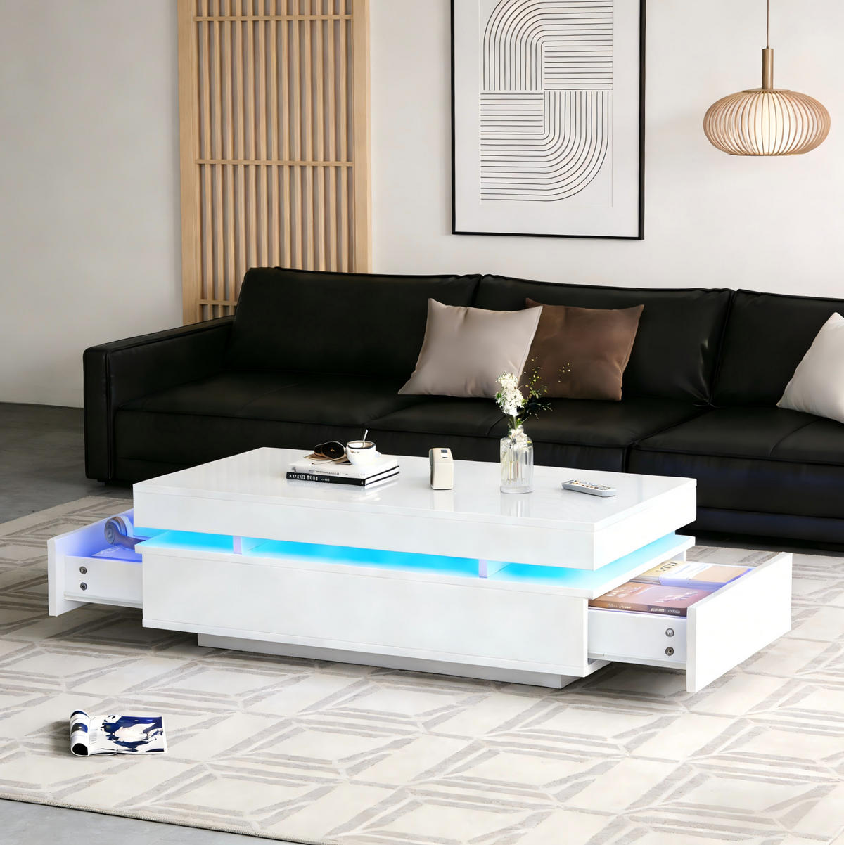 COUCHTISCH aus Spanplatte 100x50x35 cm in Weiß mit 2 Schubladen & LED - Weiß, Holzwerkstoff (100/50/35cm) - Modfu