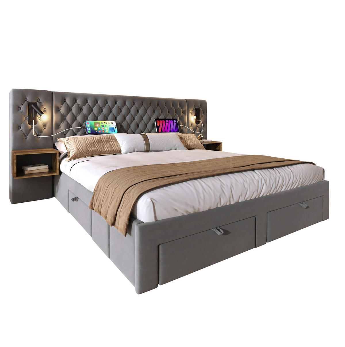 POLSTERBETT 180/200 cm mit 4 Schubladen, 2 Nachttischen, LED-Leselicht & USB/Type-C, Grau Samt - Grau, Textil (180/200cm) - Redom