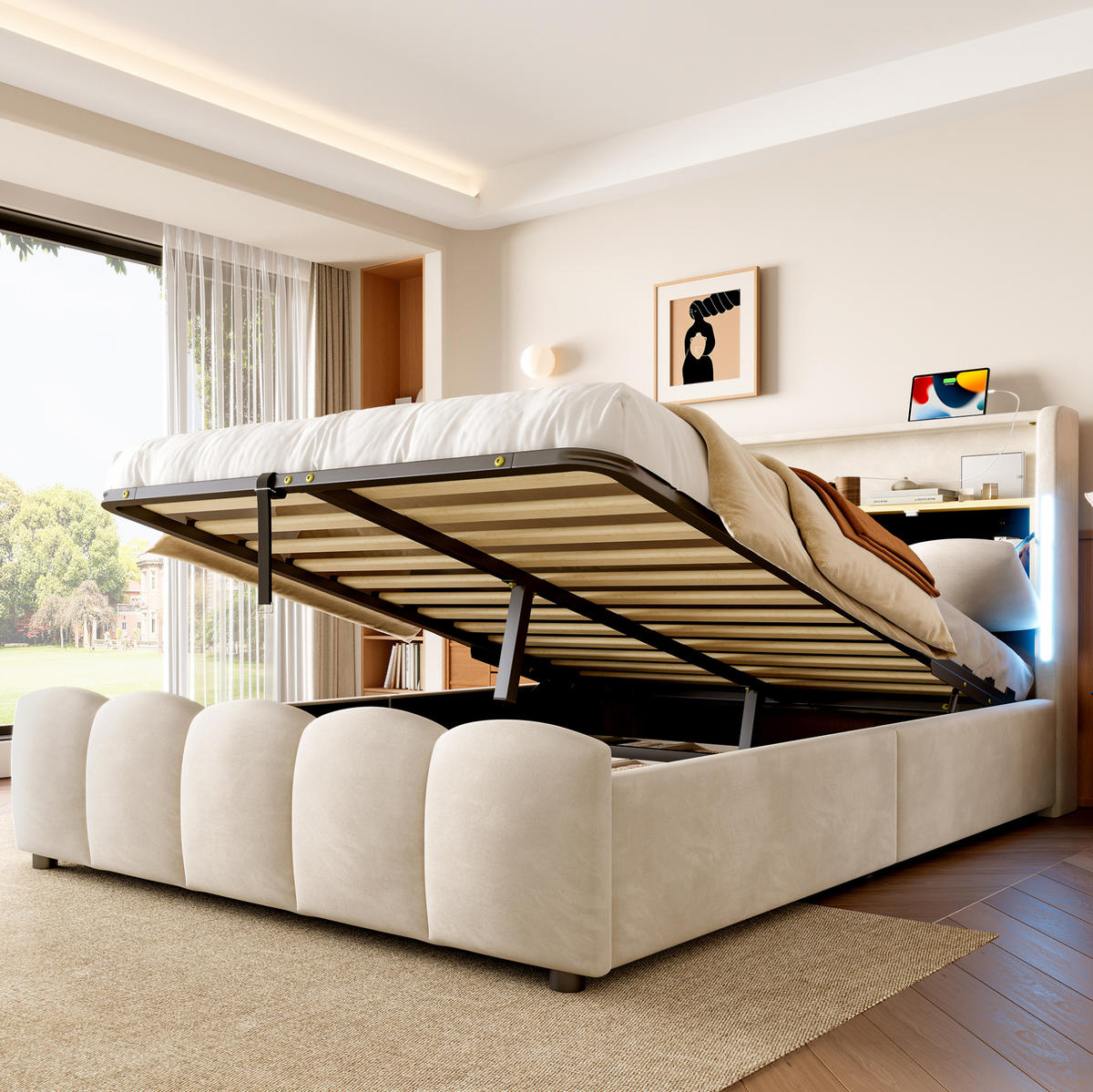 POLSTERBETT mit Stauraum 140x200 cm Samt Beige mit LED - Beige, Metall (140/200cm) - Meubliv