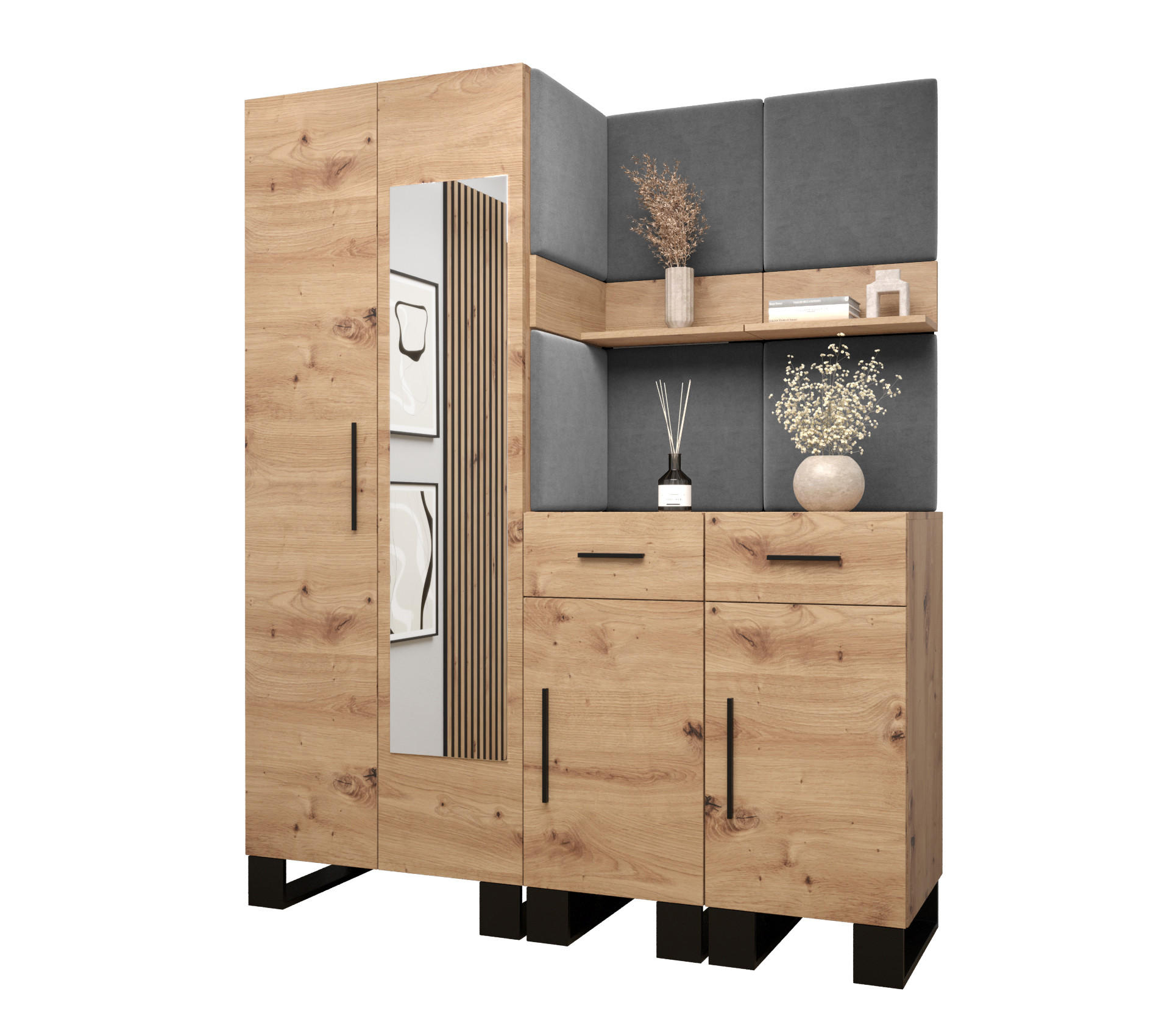 Abiks Möbel Garderoben-Set Eiche Artisan, Grau 158x196x45.6 cm