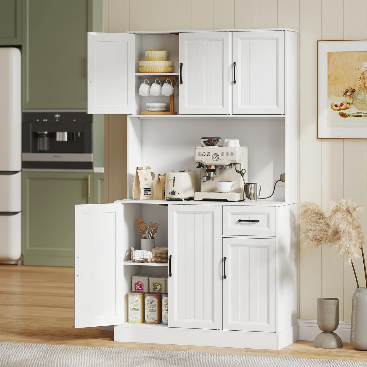 KÜCHENSCHRANK Buffetschrank mit Arbeitsplatte Verstellbaren Regalen 6 Türen - Schwarz/Weiß, Holzwerkstoff/Metall (39.5/180.5/100cm) - HOMCOM