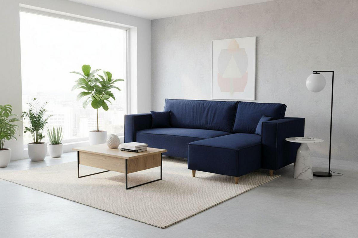 ECKSOFA RIO mit Schlaffunktion und Bettkasten, Farbe: Blau, Velourstoff, Ottomane Universal - Blau, Textil (249/142cm) - Marpur